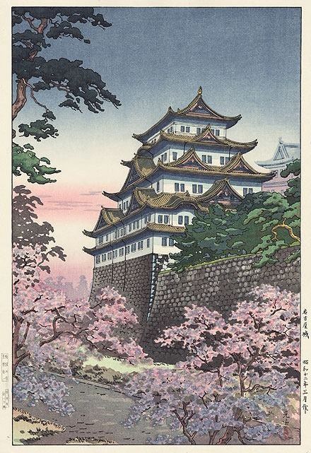 A beautiful spring scene with the tower of Nagoya Castle rising up into the sky. Clouds of delicate pink and lavender cherry blossoms fill the foreground, and the sky is shaded a rosy lilac color along the horizon as the sun sets.

Nagoya Castle was constructed by the Owari Domain in 1612 during the Edo period on the site of an earlier castle of the Oda clan in the Sengoku period. Nagoya Castle was the heart of one of the most important castle towns in Japan, Nagoya-juku, a post station on the Minoji road linking two of the important Edo Five Routes, the Tōkaidō and the Nakasendō.