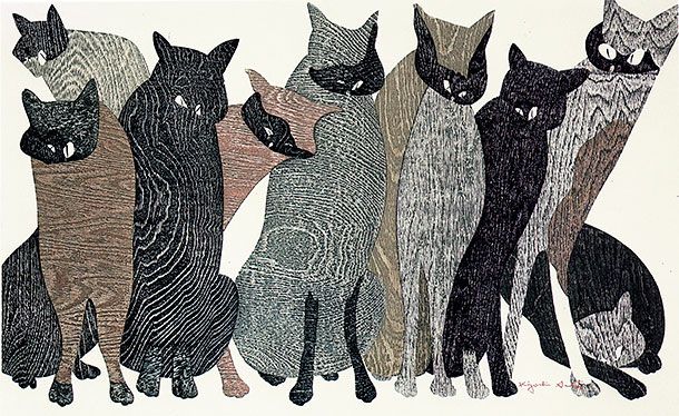 Nine cats gaze out at us. Every cat has distinct coloration and a unique face and gaze.