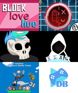 hololive fangames: blocklovelive, Akaira's Love Match, Memento Mei, Mori, Love With Balance, Hololive Romance Battle Tower