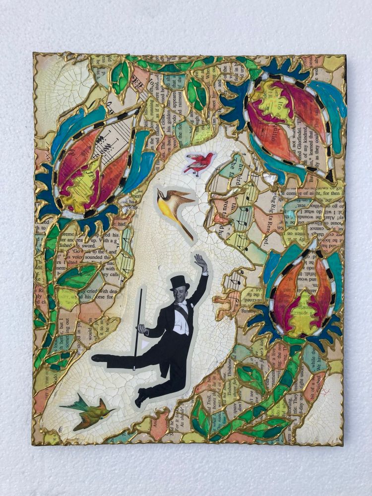 Rectangular stained-glass style mixed media painting of fantastical flowers with a background of old book pages and collaged images of birds and a dancing Fred Astaire. 