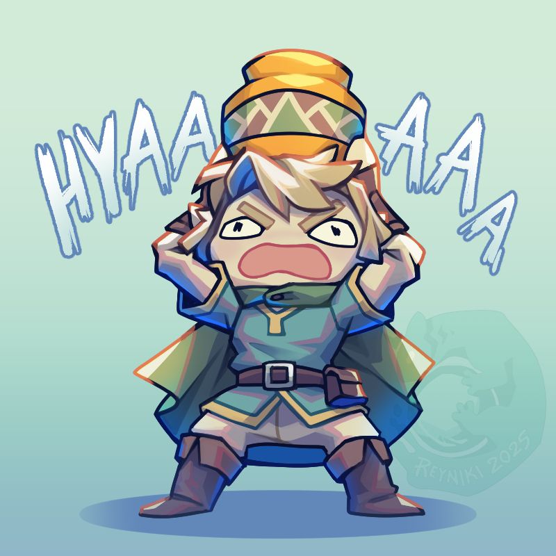A chibi drawing of Rava, a Link-like character with semi-long blond hair, pointed ears, blue tunic, and green cloak. She holds a pot above her head as she screems "HYAAAA" which appears in scratchy text behind her. She seems very determined to smash the pot.