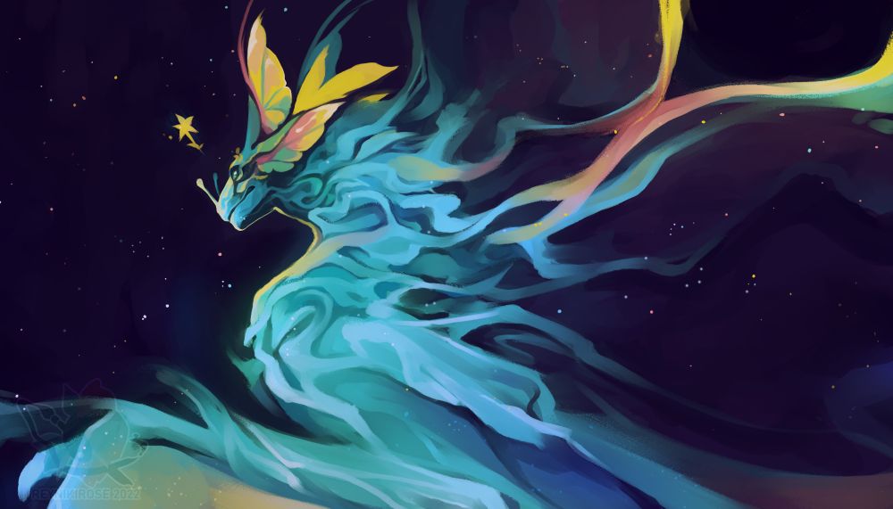 An illustration of a blue whispy dragon in a night sky. Their neck seem to wisp away into a black hole in the top right corner. A little star flower blooms form a space above their head. The dragon looks to the left of the screen.