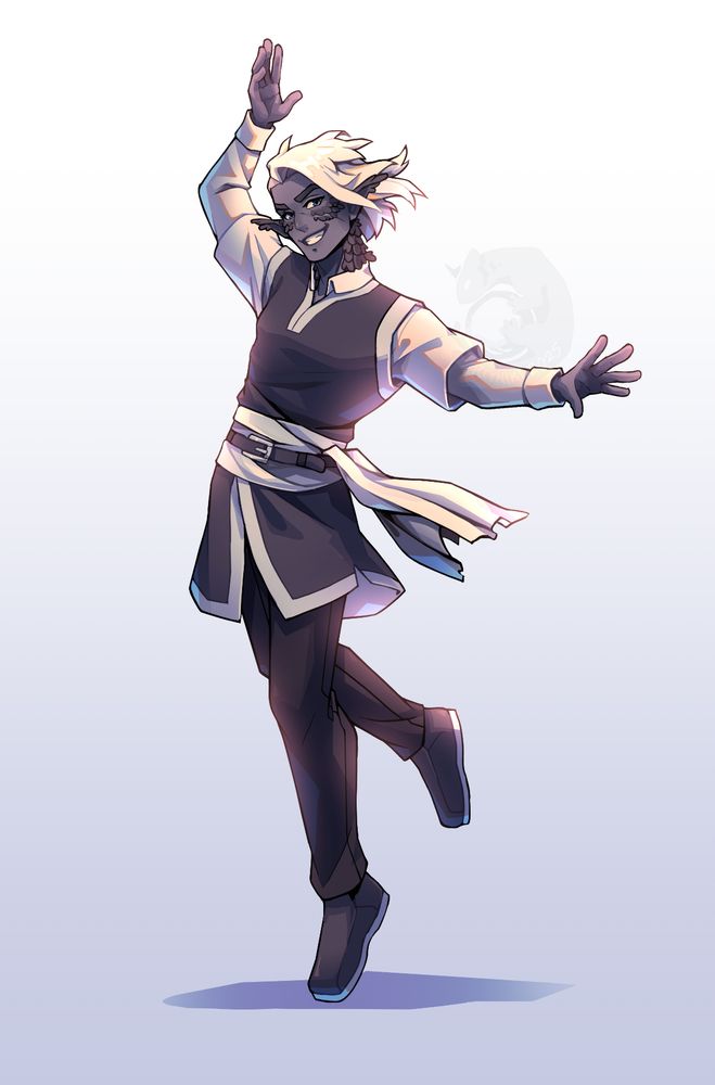 Illustration of Izaen, an Udyil elf, tap dancing and smiling at the viewer. He has black feathers on his ears, cheeks, and neck. He wears a black tunic with white sleeves, a white sash underneath a leather belt, and simple black trousers and shoes. He has white hair and grey skin.