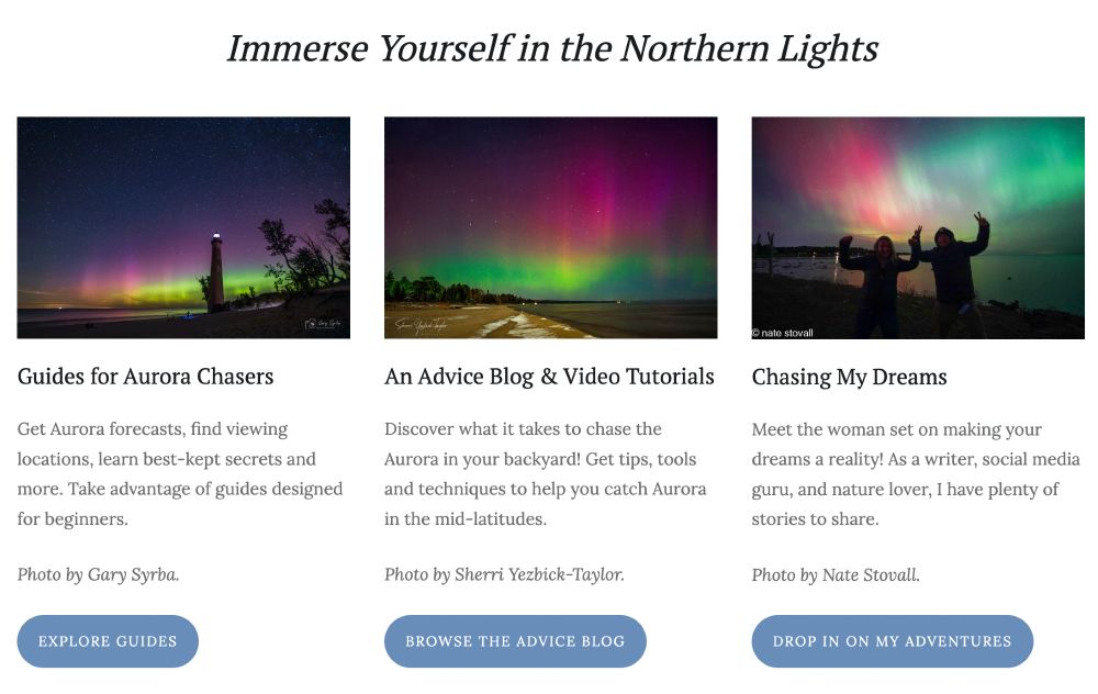Screenshot of website with Aurora photos and guides