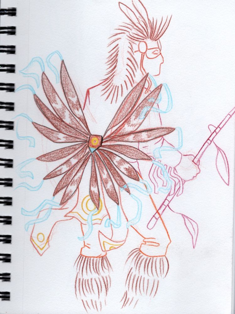 A Chicken dancer with a bustle and roach. Minimal style and done in colored pencil. The turkey feathers have tassels on the ends of each of them, and the back of the tunic has a trim and hollow circle design