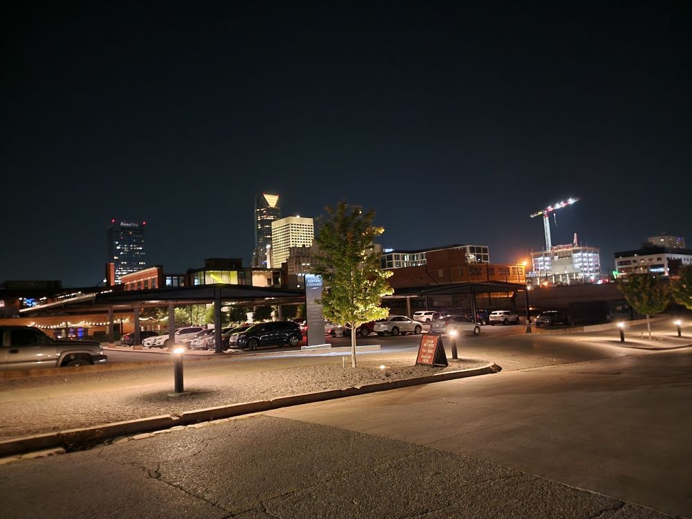 The skyline of downtown Oklahoma City at night.