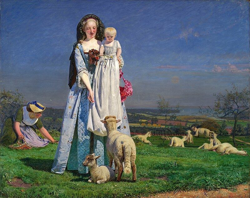 Per Brown's own description of the oil painting: "a lady, a baby, two lambs, a servant maid and some grass."