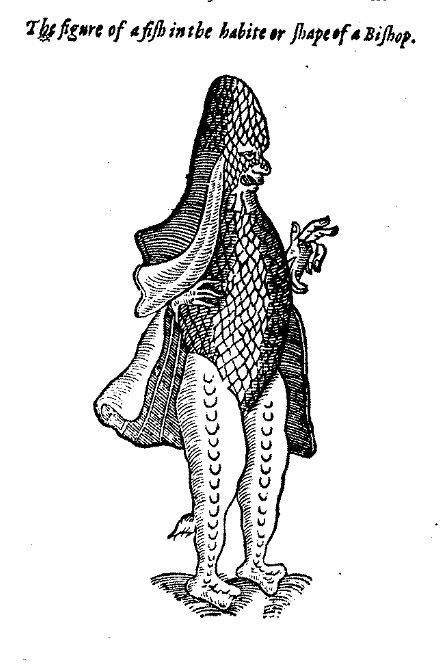 Illustration of a fish that is supposed to look like a bishop. It stands on two legs and lifts three fingers as in a greeting whilst grinning in a relaxed way. From: The Workes of that famous Chirurgion Ambrose Parey, 1634, Lib.25, p. 1002.