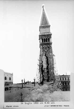 The 10th-16th C belltower in mid-collapse, B&W photo