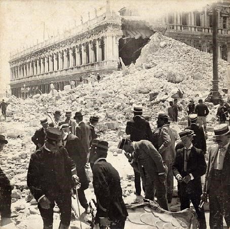 Towering pile of rubble with a couple dozen men in bowler hats sifting through it