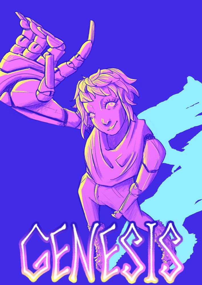 An android in an extreme perspective with their hand closest to the viewer, showing off their nails. At the bottom is their name 'Genesis'.