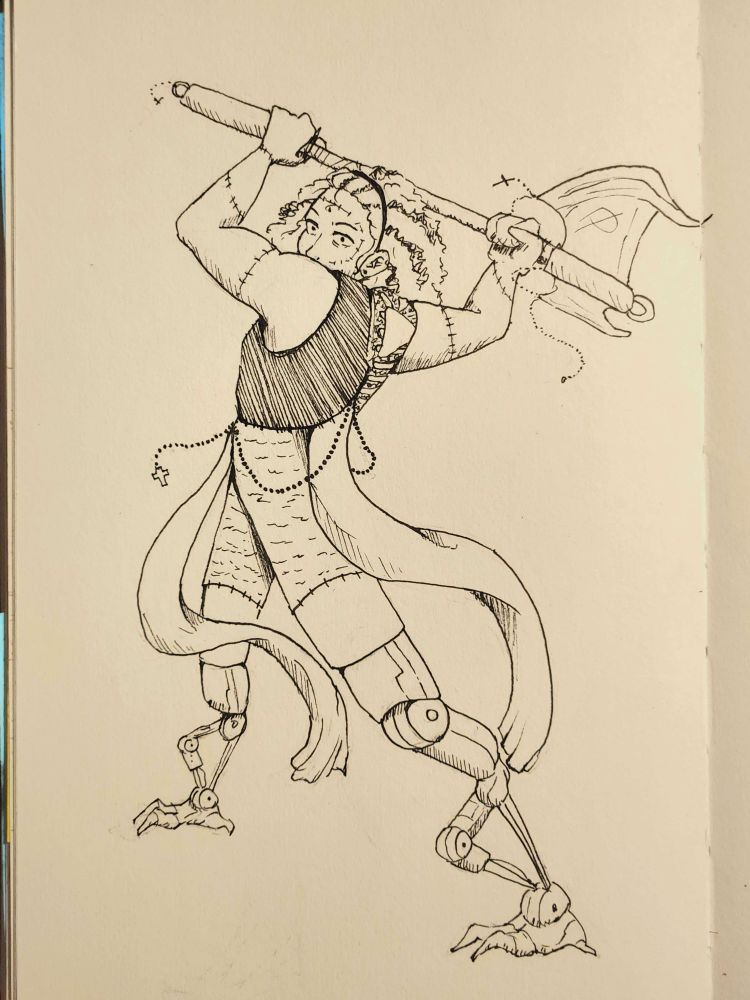 A game OC with robot legs hold an axe above their head ready to swing. Made by satur1day on AF