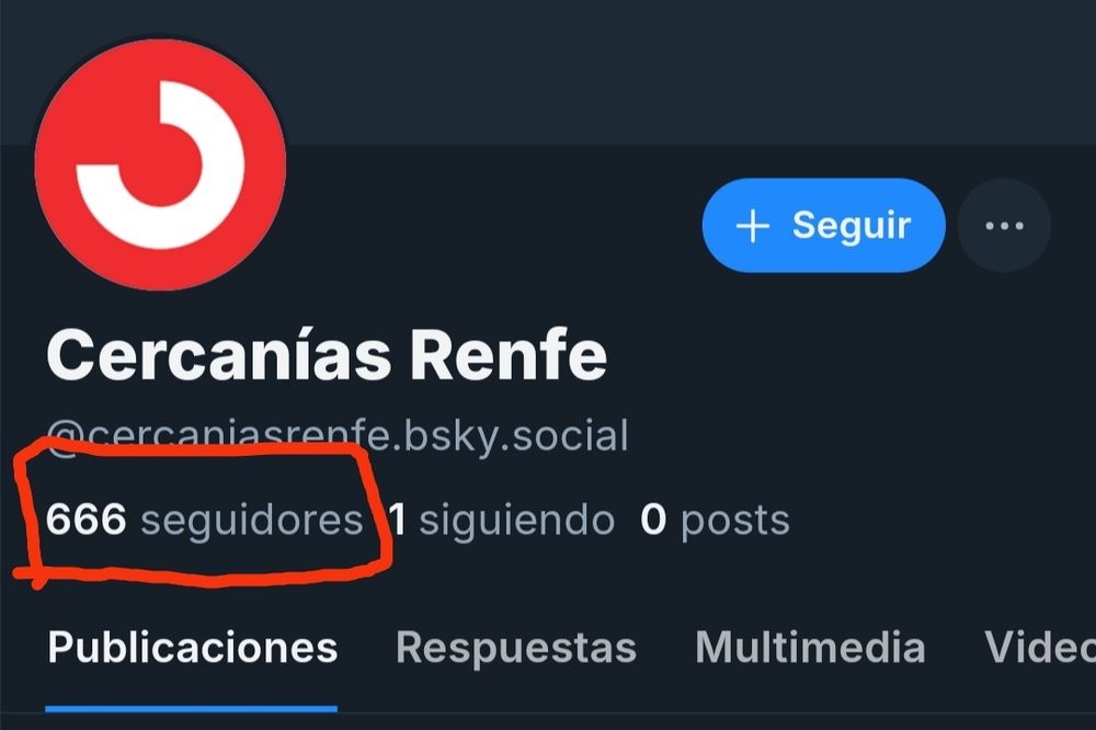 Captura del perfil de Cercanías Renfe en Bluesky, en la que se aprecia que tienen exactamente 666 seguidores, como los siervos del mal que son.
