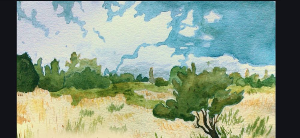 A watercolour landscape painting of yellow and green fields with trees in the distance and a short, tilted tree in the foreground, under a blue, cloud-speckled sky.