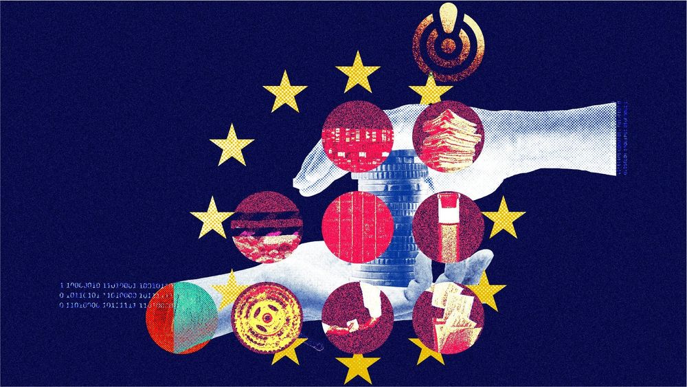 Collage image on dark blue background. Details include hand, pile of coins European stars and circles.  