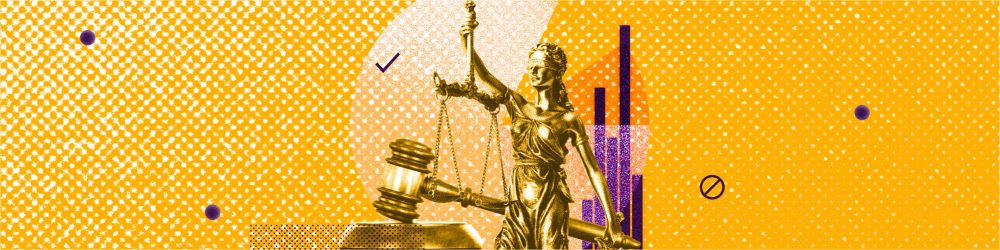 Collage image on golden background.. Details include Scales of Justice, statue of Lady Justice, a gavel, and graph.