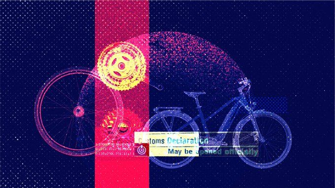 Collage image on dark blue background. Image made up of parts of bike, such as wheel, gears and an image of an e-bike 