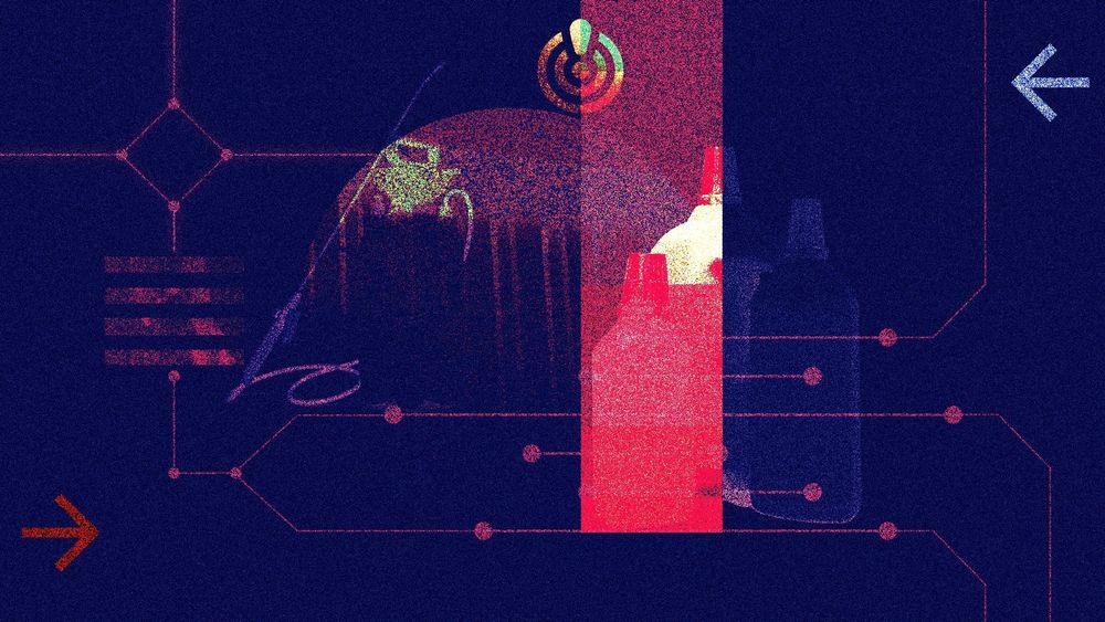 Collage image on dark blue background, details on display, traces of bottles in the background, overlaced with lines and arrows. 