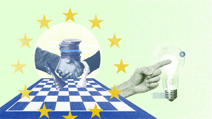 Collage image, including chess pieces, a pile of coins, hand shaking, light bulb, EU stars and a chess board. 