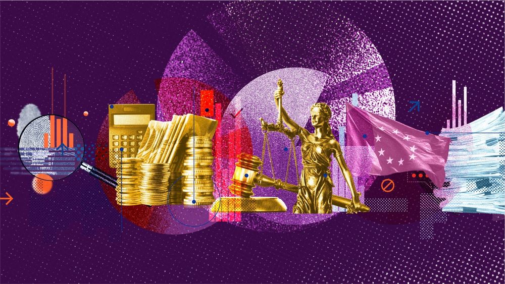 Collage image on purple background. Image made up of various details including, a calculator, pile of coins, EU flag and a magnifying glass.