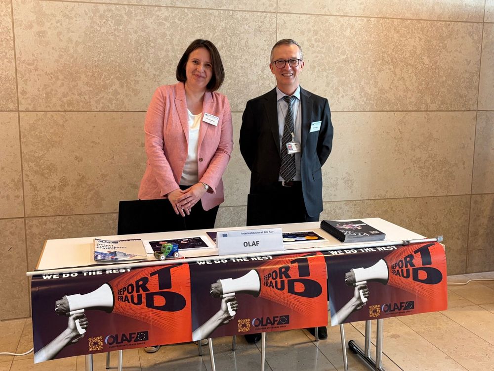 Representatives of OLAF prepare to talk with visitors to the Interinstitutional Job Fair.