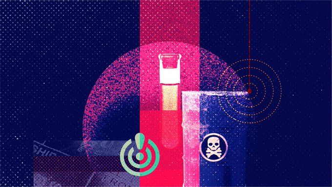 Collage image on dark blue background, made up of various details including, a skull and crossbones, test tube, and exclamation mark.