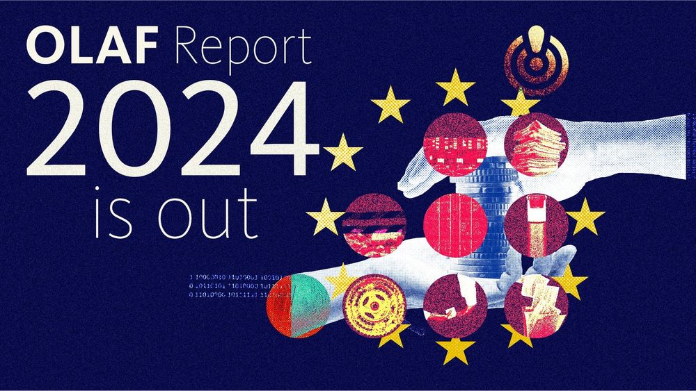 Cover of OLAF report made up of collage on dark blue background including a pile of coins, 2 hands, 7 small circles and the stars of the EU flag. 