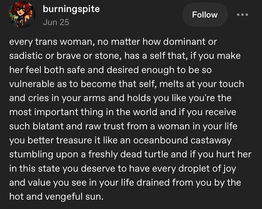 burningspite
Jun 25

every trans woman, no matter how dominant or sadistic or brave or stone, has a self that, if you make her feel both safe and desired enough to be so vulnerable as to become that self, melts at your touch and cries in your arms and holds you like you're the most important thing in the world and if you receive such blatant and raw trust from a woman in your life you better treasure it like an oceanbound castaway stumbling upon a freshly dead turtle and if you hurt her in this state you deserve to have every droplet of joy and value you see in your life drained from you by the hot and vengeful sun.