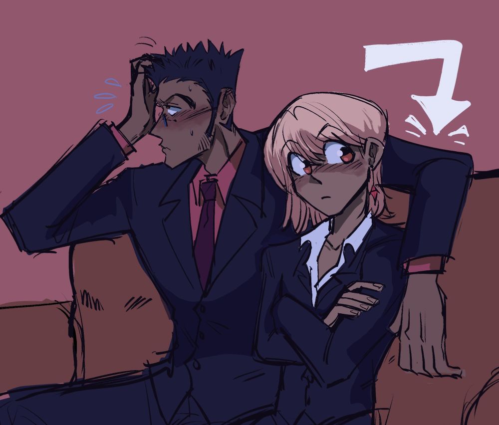 Leorio and kurapika sitting on a couch (waist up showing), leorio is messing with his hair and looking shy/embarrassed.  His arm is resting behind kurapika as though he just laid it there. Kurapika is sitting crossed armed but looking slightly surprised at leorios arm. They're both blushing. 