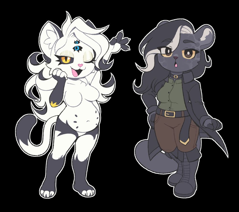 A chibi-style piece of art depicting the post author's feline fursona on the left, Iris, and another user's feline fursona on the right, Mirabelle. Iris is mostly white with black accenting. She has long white hair with black accents. She has black sclera, yellow irises, and two additional eyes with blue irises in vertical alignment on her forehead. She has a yellow band-shaped mark around her right arm. She is depicted nude, but is a null character, meaning no genitalia is present. Mirabelle is a black-grey leopard wearing a black overcoat, a green button-up, brown khaki pants, and pirate boots. She has black hair with a single large white accent. Her sclera are yellow and her irises are black.