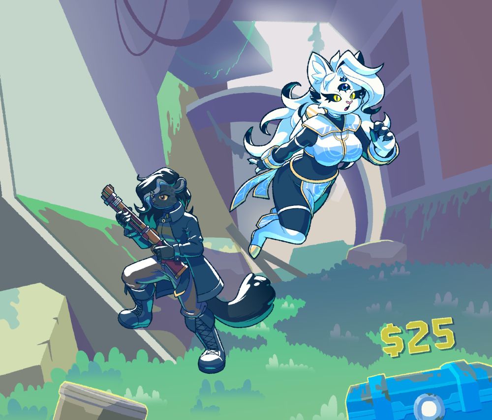 A piece of fan art depicting the post author's feline fursona and their friend's feline fursona as characters in Risk of Rain 2's DLC, Seekers of the Storm. They are exploring the Verdant Falls stage. The post author's fursona, Iris, is dressed as the survivor Artificer's newer unlockable alternate skin dubbed Meridian. The other fursona, Mirabelle, is dressed as the survivor Bandit. There is a relatively cheap item chest in the bottom right corner of the frame.