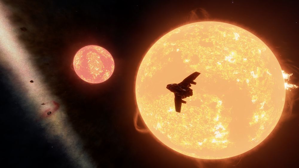 image of a close binary star system.  A ship flies in front of the closer star.  The disc of the galaxy frames the shot on the left.