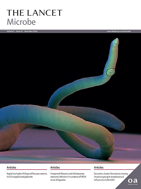 December cover of The Lancet Microbe with a coloured scanning electron micrograph of a male schistosome fluke.