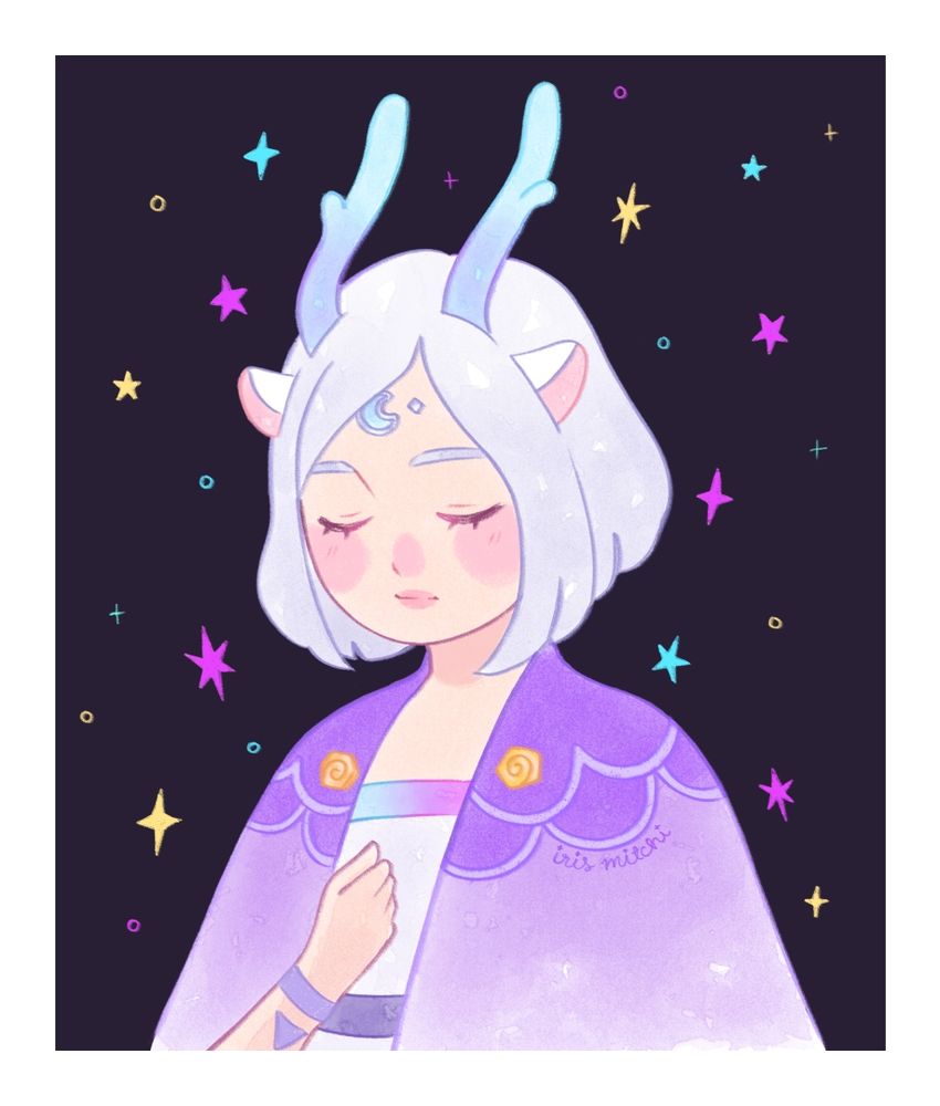 A drawing of my character from the game Sky: Children of the Light. It's a girl with her eyes closed and a peaceful expression. She has white mid-lenght hair, a jewel in the shape of a half Moon on her forehead, and she also has pastel blue and purple deer antlers and white deer ears. She is wearing a white dress and a purple cape.