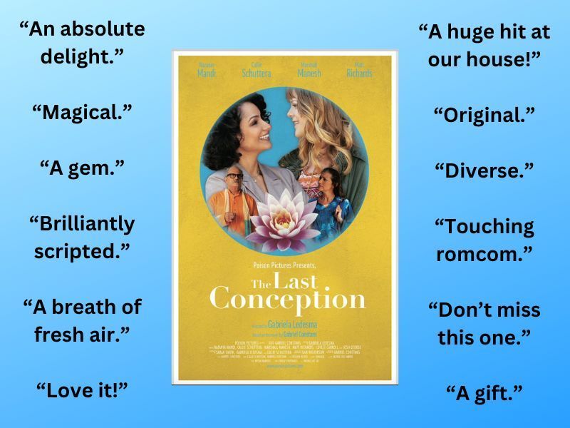 Blue background. Film poster in center, with yellow background. Circle in middle of poser has blue background, with two women looking at one another. One on left has black hair, brown skin and grey jacket. Woman on right has blond hair, white skin and black blouse. Below them is are the woman on lefts parents, father on left and mother on right, with a purple lotus flower between them. On each side of poster are the following quotes about movie, in black. On left "An absolute delight." "Magical." "A gem." "Brilliantly scripted." "A breath of fresh air." "love it!". 