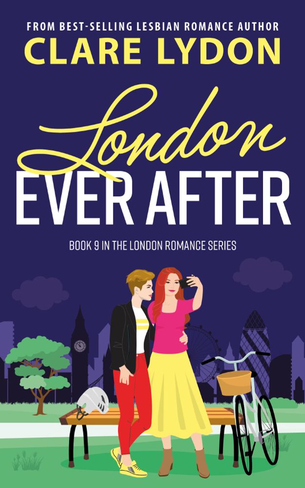A book cover illustration features two women taking a selfie in a park setting, likely in London.

The scene is composed of two women standing near a park bench, with one woman holding a phone to take a selfie with another woman. The women are in the center of the image, and a park bench and bicycle are in the foreground.  The background depicts various elements of a city, including buildings and trees. The overall framing and positioning of the elements create a balanced composition, with the focus clearly directed towards the women interacting. The moment captures a casual and relaxed interaction.

The two women are the main subjects, depicted in a stylized cartoonish manner. One woman has short light brown hair and is wearing a dark gray blazer-style jacket over a striped shirt and red pants. The other woman has long red hair and is wearing a hot pink top and a yellow skirt. Their expressions are friendly and engaging, focused on the act of taking the photo. The two women seem to be in the middle of taking a photo.


The artistic style is a flat, cartoonish, digital illustration, akin to a graphic novel or comic book style with bright, bold colors and simple linework. The colors are vibrant and expressive, using shades of pink, yellow, and blue. The style emphasizes visual clarity and simplification, rather than detailed realism.

The setting suggests a park in London at night, with the background showing buildings, trees, and a cityscape. The park has a simple green background. Warm lighting on the upper-left section of the image indicates a soft ambient light, suggesting dusk or nighttime. The overall mood is friendly and inviting, characteristic of a romance novel.