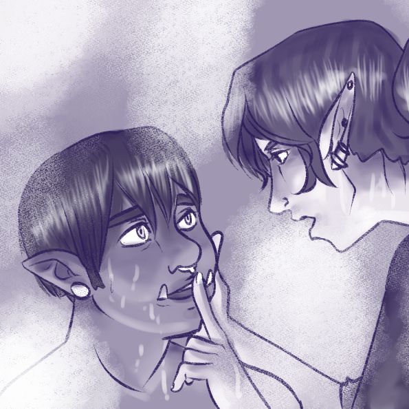 monochromatic digital illustration of a female elf shushing a damp male orc with a finger to his lips