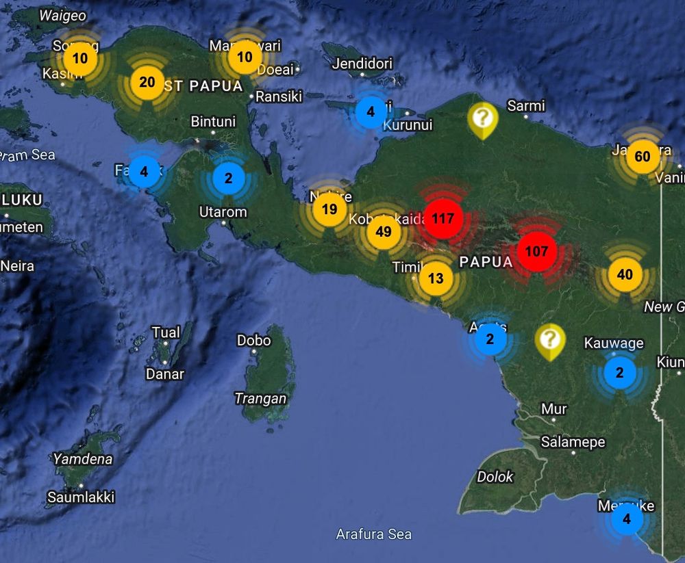 Plotted locations of all 465 confirmed Security Incidents which have occurred in the Papua Provinces in Indonesia since 1st January 2022.

Source: Salama Fikira Group BREATHE Security Monitoring Platform and Application.
