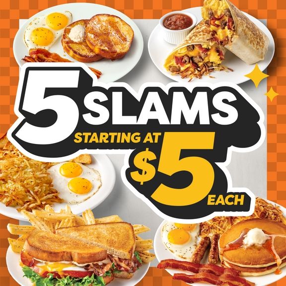 An add for Denny's stating "5 Slams starting at 5 dollars"