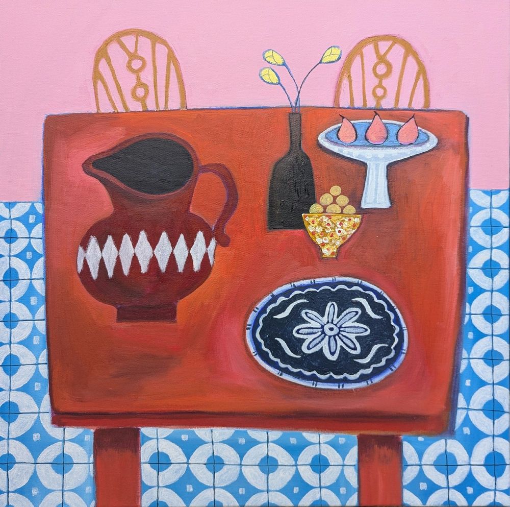 Colourful contemporary Painting of a tabletop with a Spanish plate, a quirky jug and patterned floor tiles 