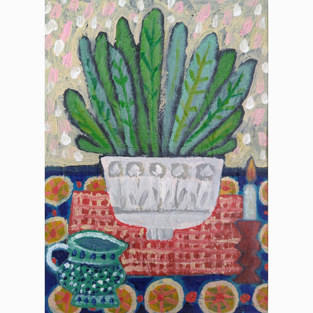 Contemporary painting on paper, a tabletop with a leafy plant, a colourful tablecloth,.a candlestick and a green jug 