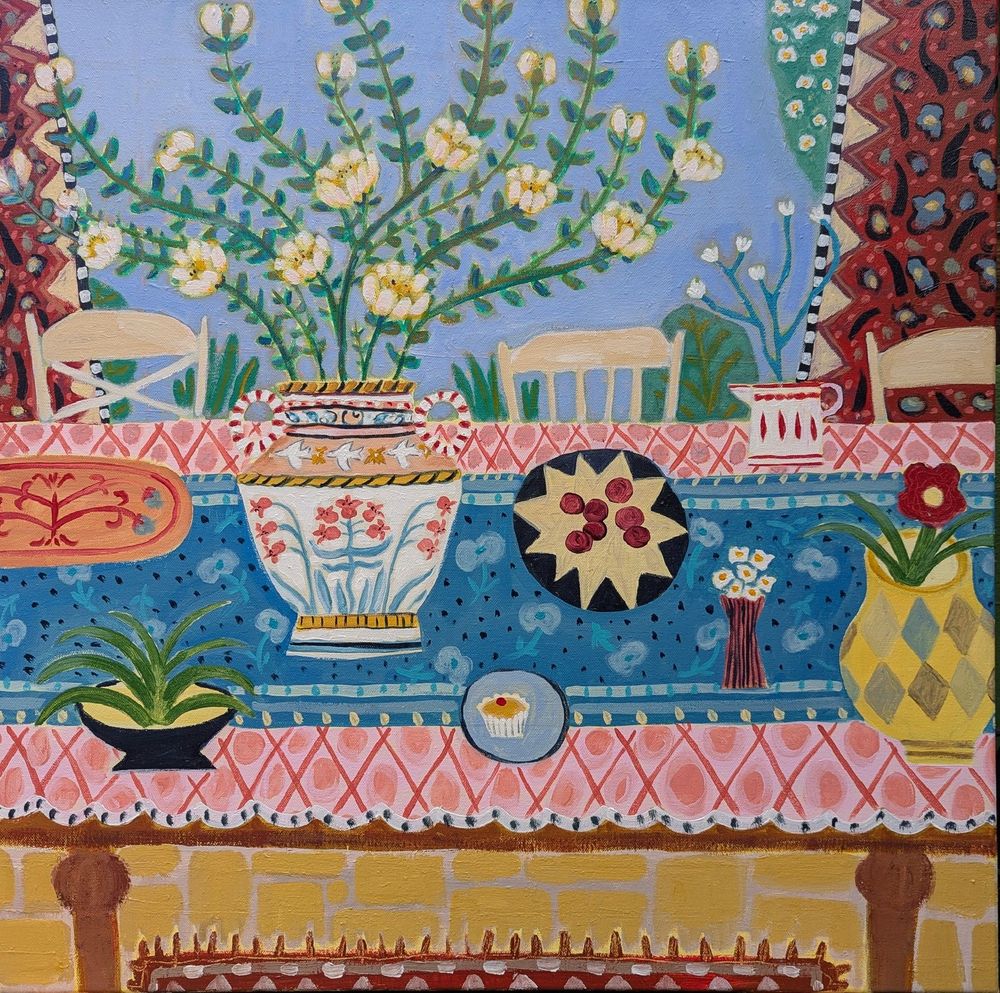 Decorative, Matisse inspired painting of a table with lots of colourful patterns 