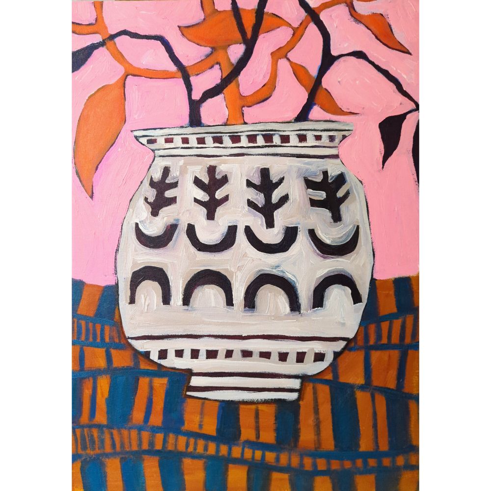 Contemporary painting of a wonky decorative plant pot and a pink background 
