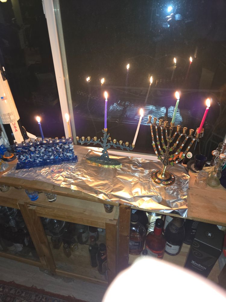 From left to right. My menorah,  my parent's menorah,  and my sister's menorah 