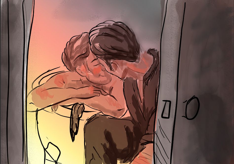 Image of a door creaked open and Lucius taking a bath with Izzy sitting beside him. 
