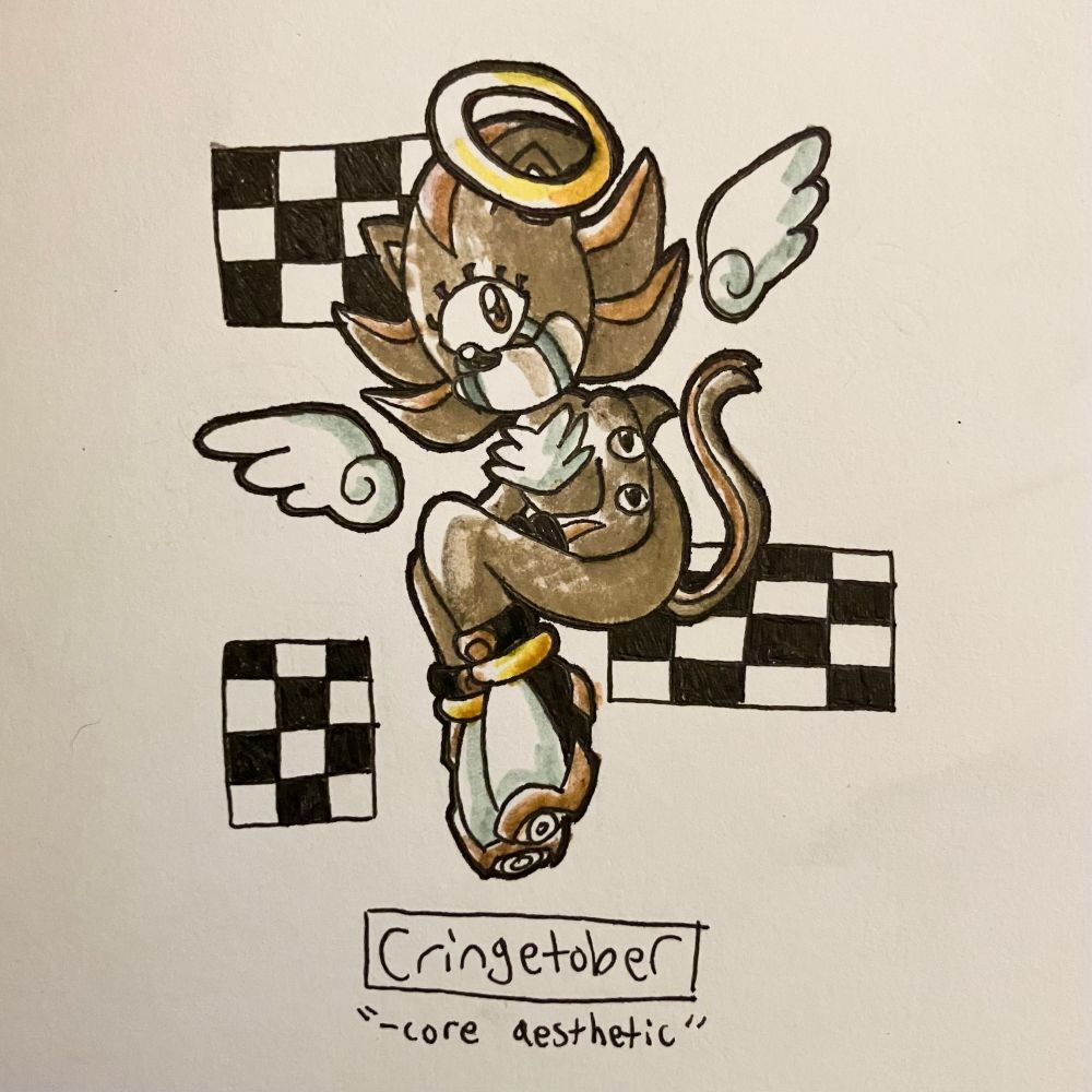 Ink and highlighter drawing of Shadow the Hedgehog with one eye on his face, no mouth, and eyes on his arm. He has angel wings and a halo as well, with small checkerboards scattered in the background. 