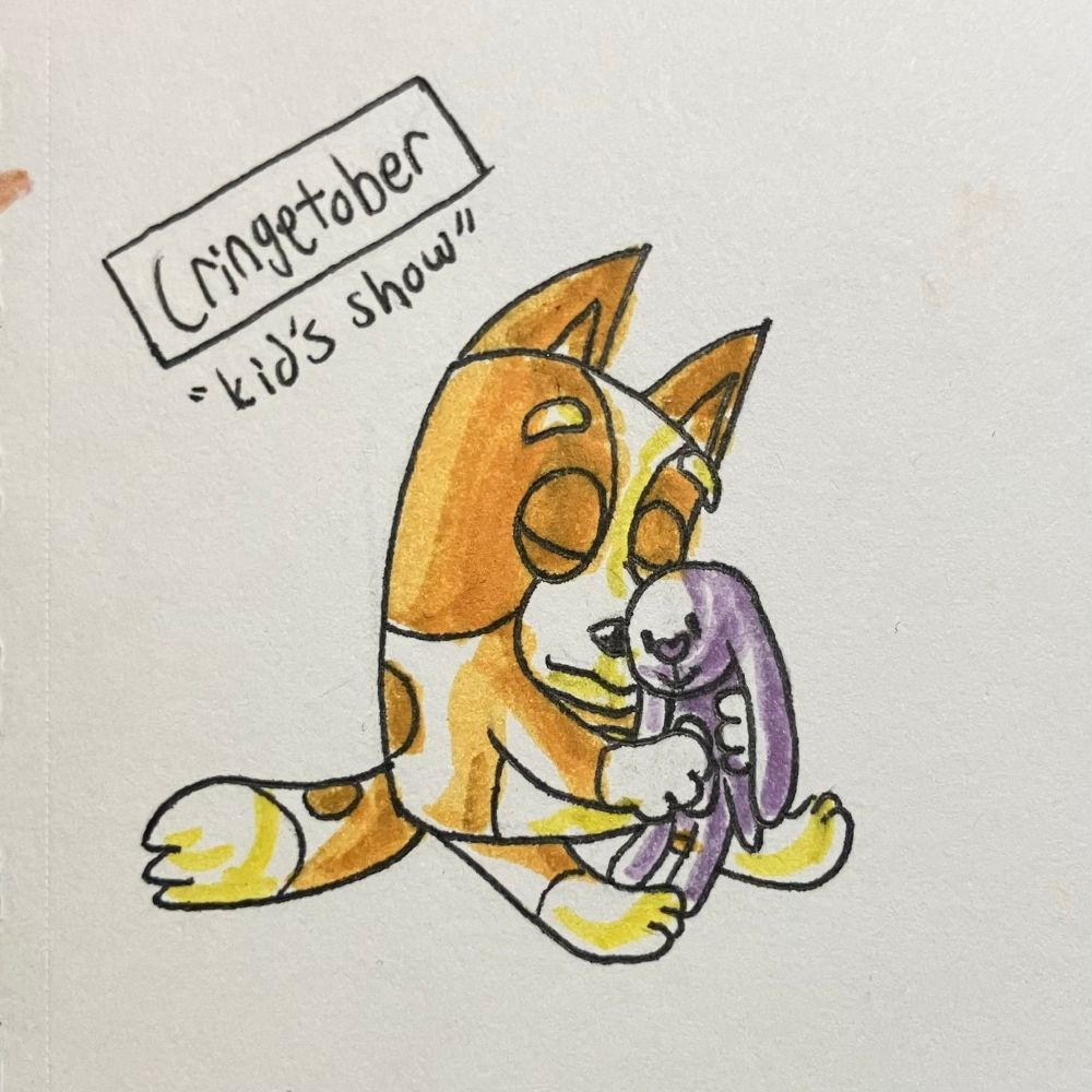 Pen and highlighter drawing of Bingo from the show Bluey sitting and holding a rabbit plush.