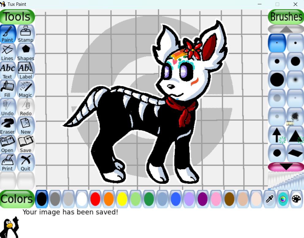 Tux Paint illustration of a fan made Eeveelution from Pokemon. The Pokemon resembles a sugar skull, with bone patterns on its body and tail.