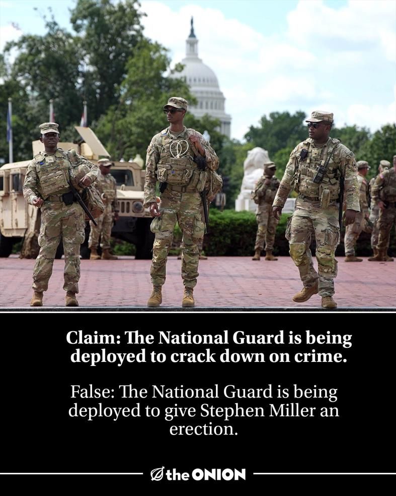 Claim: The National Guard is being deployed to crack down on crime.

False: The National Guard is being deployed to give Stephen Miller an erection.