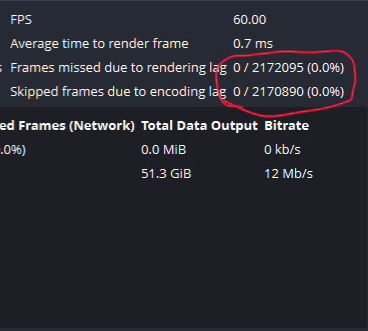 screenshot of the stats screen from OBS showing 0 missing or skipped frames out of over 2.1 million total frames from a 10-hour test recording